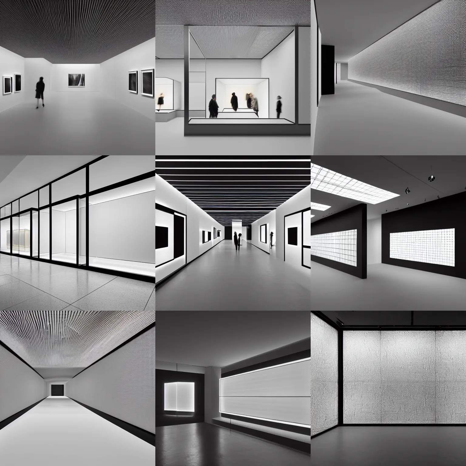 Prompt: the interior of a gallery made of edge lit glass and small grayscale boxes, looking out into a 3 d colorspace. designed by mondrian and nendo, cgsociety