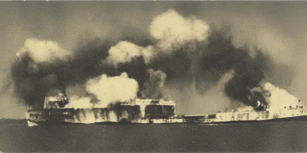 Prompt: polaroid photo of a sinking and burning ship, big smoke clouds coming from the ship, bright blue sky, slight color bleed