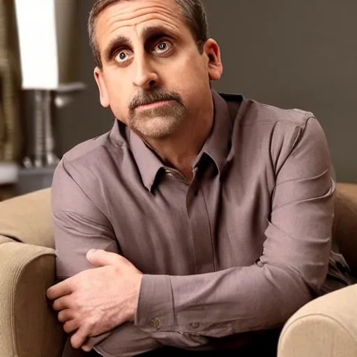 Image similar to full body photo of steve carell, mature male, mysterious face. he is sitting gracefully on a sofa, elegant slim beige shirt, tight shirt, bouncy belly