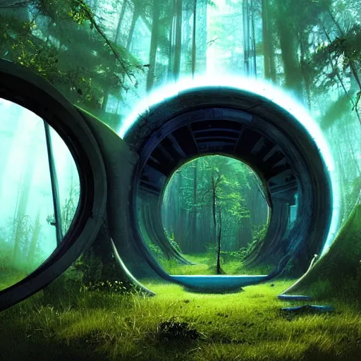 Image similar to derelict portal in a middle of a futuristic forest, world seen only through a portal, daylight, cinematic lighting, blue sky, syd mead, john harris