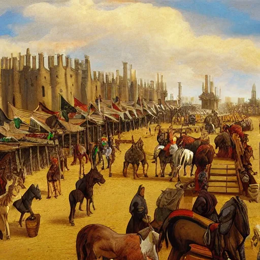 Image similar to a medieval horse market, by john howe