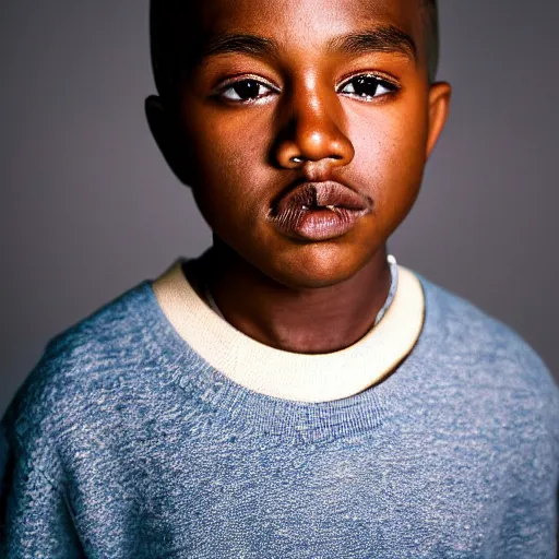 Image similar to the face of young kanye west at 9 years old, portrait by julia cameron, chiaroscuro lighting, shallow depth of field, 8 0 mm, f 1. 8