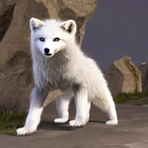 Image similar to screenshot depicting an anthropomorphic arctic fox wearing armor dressed as a character in Final Fantasy, octane render