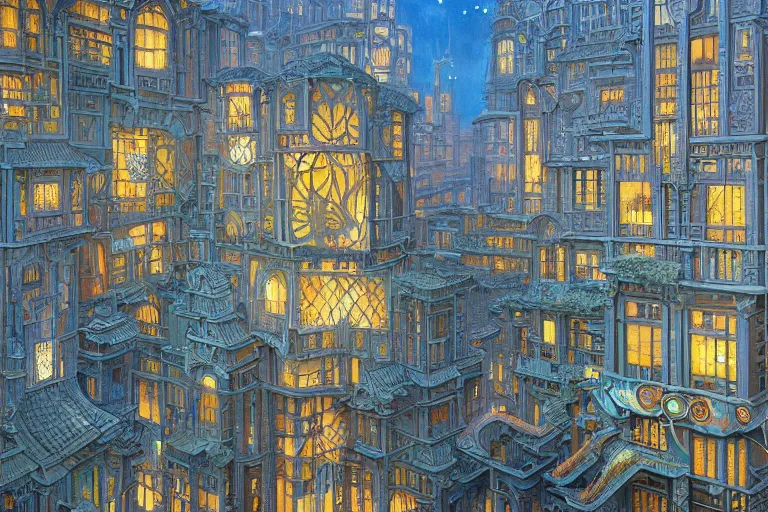 Image similar to beautiful painting of an art moderne city, glowing windows. reflective detailed textures, moth wings and flowering vines and wroght iron, highly detailed dark fantasy science fiction painting by donato giancola and peter mohrbacher and nicholas roerich and diego rivera, elaborate geometric ornament, ancient runes, silver and cool colors. artstation