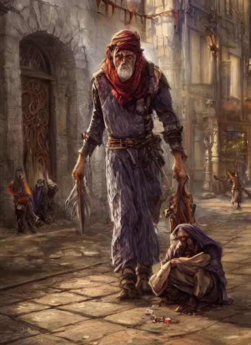 Image similar to immigrant poor beggar on the streets, ultra detailed fantasy, dndbeyond, bright, colourful, realistic, dnd character portrait, full body, pathfinder, pinterest, art by ralph horsley, dnd, rpg, lotr game design fanart by concept art, behance hd, artstation, deviantart, hdr render in unreal engine 5