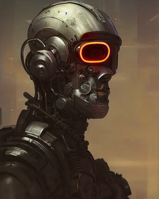 Prompt: a half - masked rugged middle aged laboratory engineer man with cybernetic enhancements as seen from a distance, scifi character portrait by greg rutkowski, esuthio, craig mullins, 1 / 4 headshot, cinematic lighting, dystopian scifi gear, gloomy, profile picture, mechanical, half robot, implants, steampunk