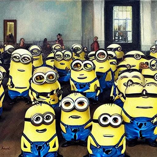 Image similar to the day to day life of the minions, realism movement painting by Christian Krohg