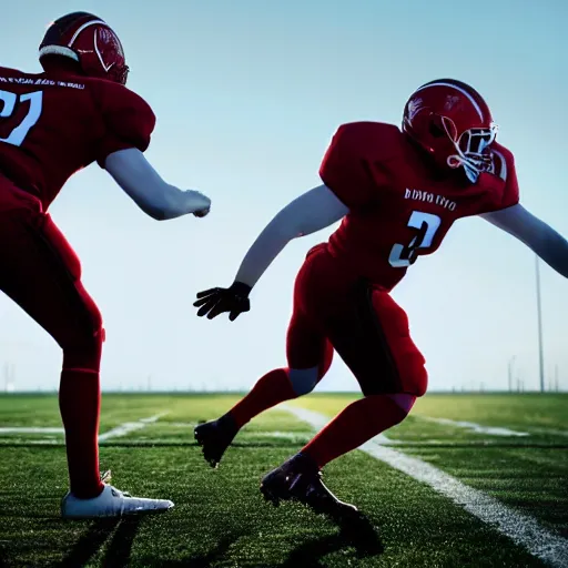 Prompt: low angle shot of football players about to collide, dramatic lighting, shallow depth of field, football players are made of yarn