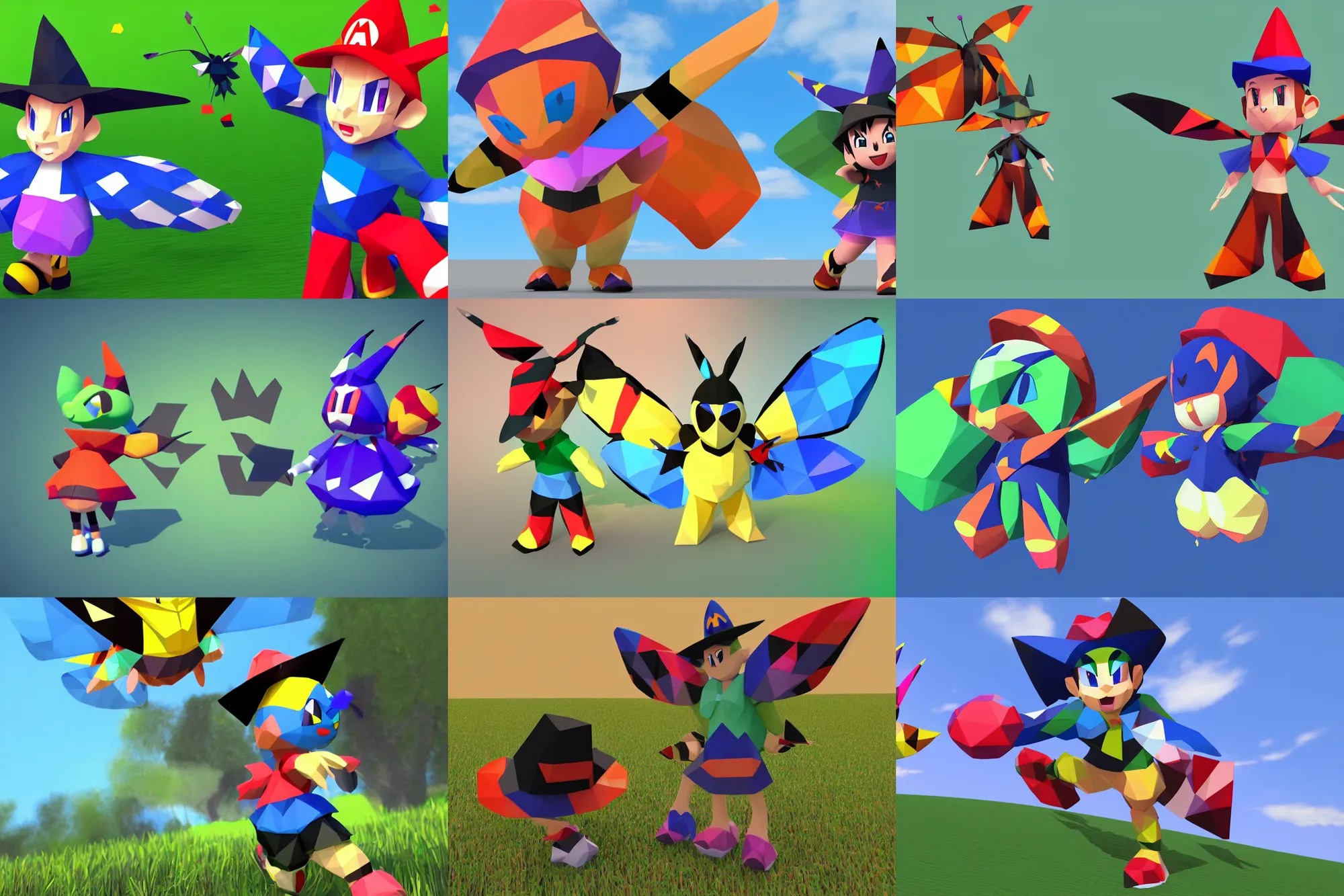 Prompt: low poly nintendo 6 4 render butterfly pokemon with black eyes and antennae wearing a battle skirt blue thorax hat floating over a field wearing converse greaves and a witch hat