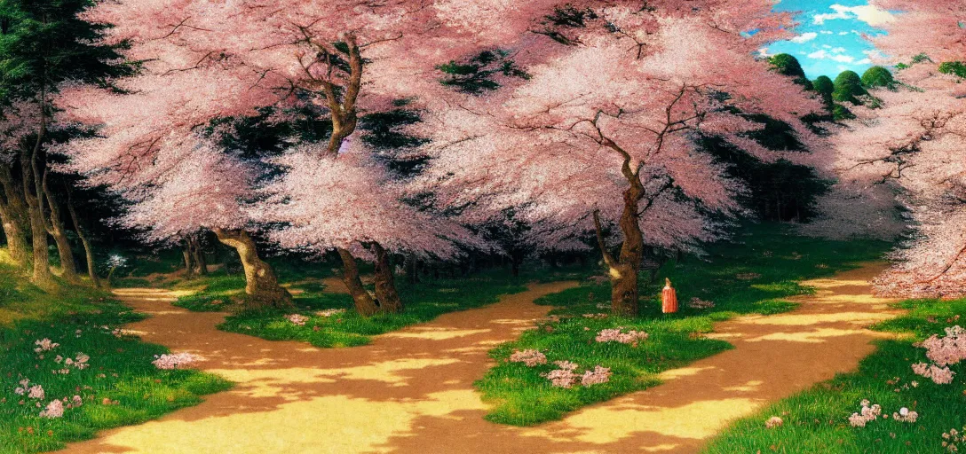 Image similar to ghibli illustrated background of a trail leading through a strikingly beautiful sulfur field, and cherry blossoms by vasily polenov, eugene von guerard, ivan shishkin, albert edelfelt, john singer sargent, albert bierstadt 4 k