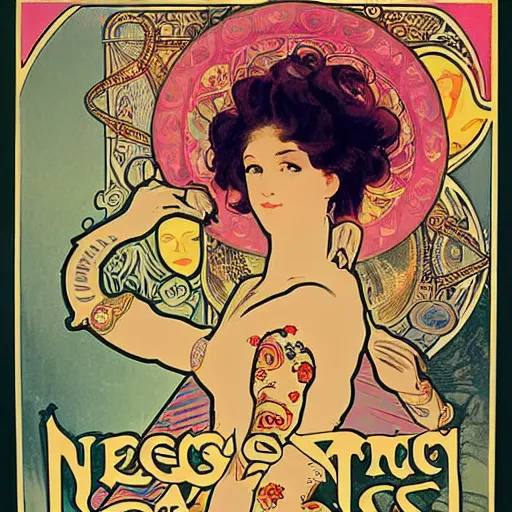 Image similar to a vintage poster with border of a Caucasian fortune teller lady with curly hair, a spread of tarot cards on a table, cats on her side, in a colorful tent, Alphonse Mucha poster ,