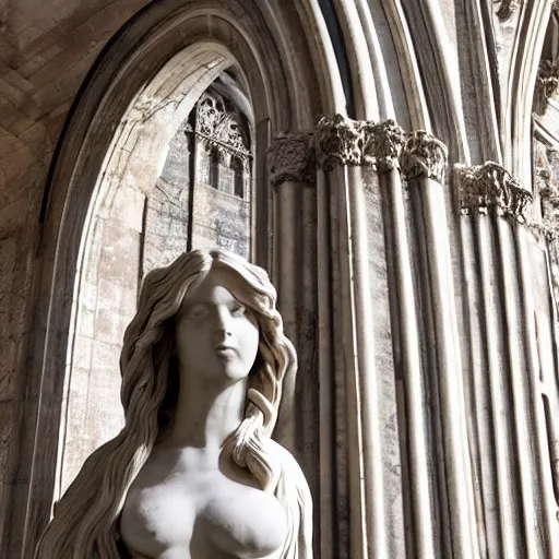 Prompt: gothic marble cathedral, 2 4 mm architectural shot no decaying lines, with a statue of female medusa long hair, marble statue, beautiful delicate face, macro shot head