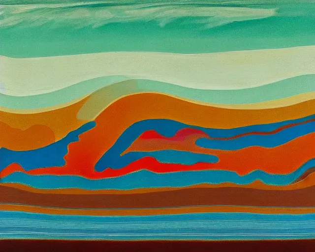 Image similar to A wild, insane, modernist landscape painting. Wild energy patterns rippling in all directions. Curves, organic, zig-zags. Saturated color. Mountains. Clouds. Rushing water. Wayne Thiebaud.