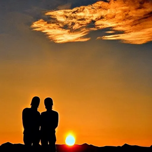 Image similar to an alien creature and a human, in a nice alien landscape, sunset, dramatic lighting, beautiful