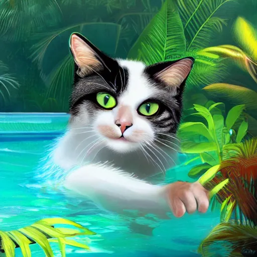 Image similar to a cat taking selfie in a swimming pool in the middle of the jungle, highly detailed, digital painting, artstation, concept art