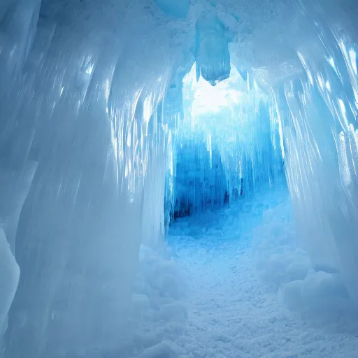 Prompt: massive ice cave, transparent smooth ice, blue ice, dark, surreal,