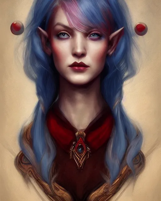 Prompt: A detailed matte oil on canvas head on symmetrical portrait of a beautiful distinguished elven woman with red and blue hair on an empty background, by Charlie bowater, Wlop, trending on artstationhd, dungeons and dragons art, parted hair , half blue, half red , split dye, critical role