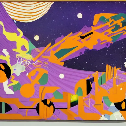 Prompt: Liminal space in outer space by Tomokazu Matsuyama, warm earthly tones, orange green and purple are predomiant