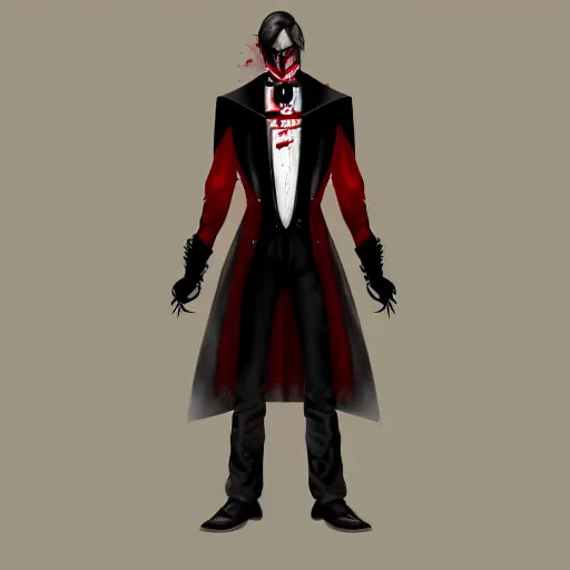 Image similar to a vampire, male, late - 4 0 s aged, long, slicked black hair, clean shaven, in red and black, medieval fantasy, digital art, cinematic shot, full body shot, concept art.