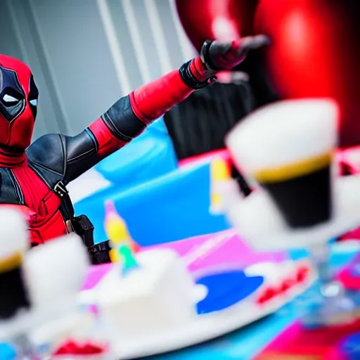 Image similar to deadpool at a children's birthday party, photography,