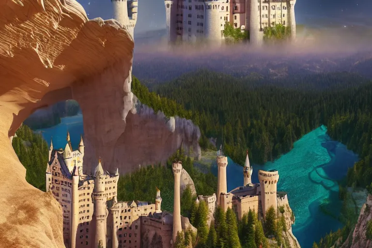 Image similar to neuschwanstein castle on pamukkale thermal waters flowing down gold travertine terraces in royal blue antelope canyon during sakura season on an interstellar aurora borealis with heavy thunder and lightning, pink waterfalls, flowers, by peter mohrbacher, james jean, james gilleard, greg rutkowski, vincent di fate, rule of thirds, octane render, beautiful landscape