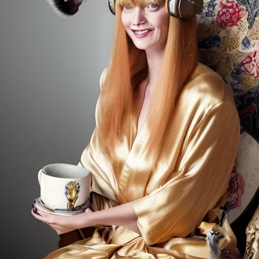 Prompt: a stunning hyper - detailed closeup portrait photo of a slender beautiful smiling woman with long blonde hair and bangs, wearing a luxurious silk robe, wearing headphones and posing with her large ginger tabby cat and her raccoon and parrots in an easy chair in her sunlit victorian living room, holding a porcelain coffee mug and a donut, perfect eyes, fashion photo, octane render, unreal engine