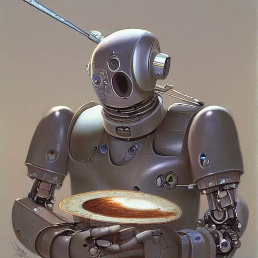 Image similar to robot artist artist painting a self portrait, by john howe