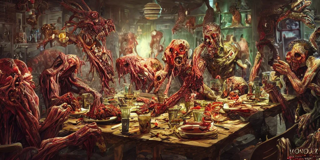 Image similar to zombies eating dinner at a christmas party, monster anatomy, ross tran, vivid colors anatomical, highly detailed sculpture, intricate detailed, ommatidia, 8 k, cinematic atmosphere, post - processing