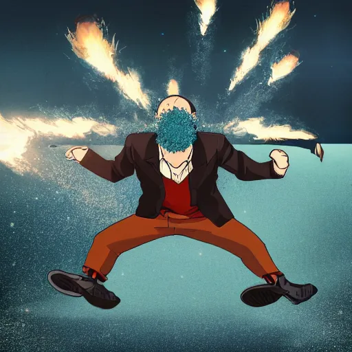 Image similar to man hitting the ground creating a explosion, anime, album cover