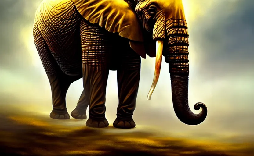 Prompt: a masterpiece oil painting of a marching elephant. wide angle, fantasy art, heroic lighting, by artgerm, fog, finger of god, amazing wallpaper