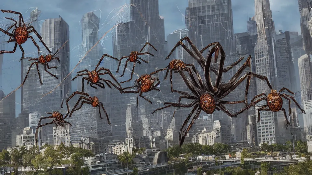 Prompt: giant arachnids attacking the city, realistic, arachnophobia