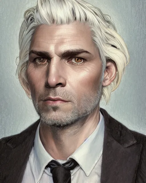 Prompt: portrait of 4 0 - year - old man with white hair with a pale complexion, pointed face and grey eyes, clear smooth face, no beard wearing black suit, hyper realistic face, beautiful eyes, close up, fantasy art, in the style of greg rutkowski, intricate, alphonse mucha, hyper detailed, smooth