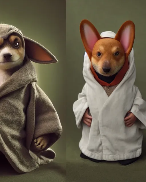 Prompt: baby yoda and his best friend corgi kenobi, a corgi dog dressed as obi wan kenobi in jedi robes, photographed in the style of gilbert taylor, star wars, tatooine