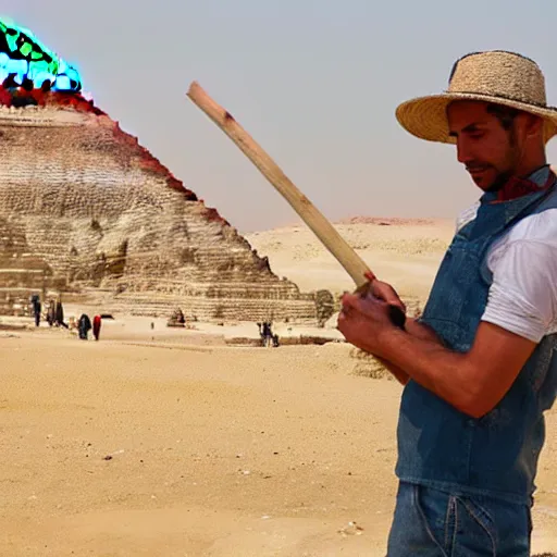 Prompt: a man cutting wood in front of egypt pyramids