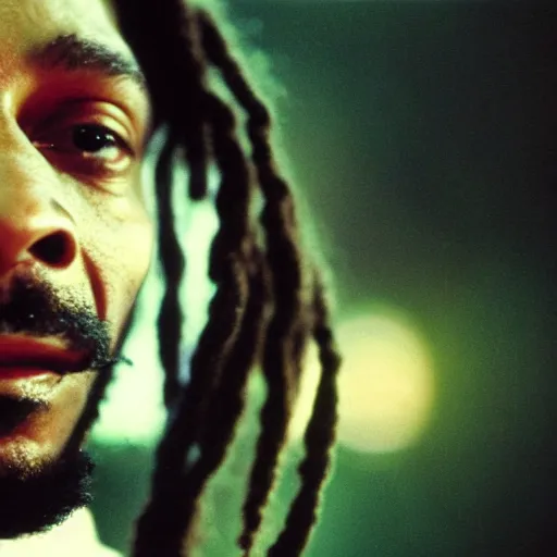 Image similar to cinematic film still of Snoop Dogg starring in a Steven Spielberg film as Bob Marley, candid photo, 1999, Jamaica, shallow depth of field, close up photograph, epic lighting