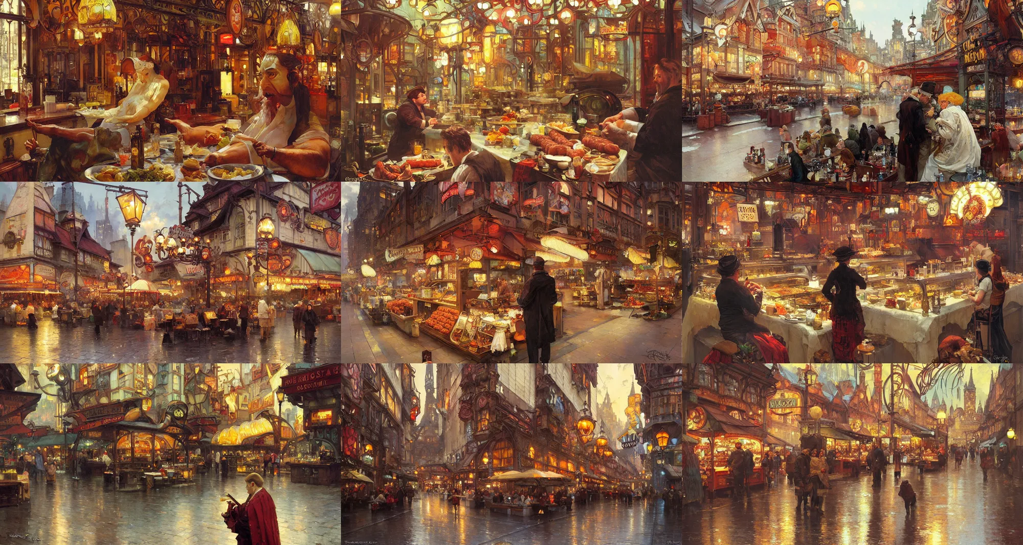 Prompt: The greatest sausage in the city, by greg rutkowski, thomas kinkade, loish, alphonse mucha