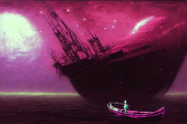 Image similar to boat in the outer space with clouds looking at derelict ship, in the style of beksinski, intricate and epic composition, pink by caravaggio, insanely quality, highly detailed, masterpiece, neon green light, artstation, 4 k