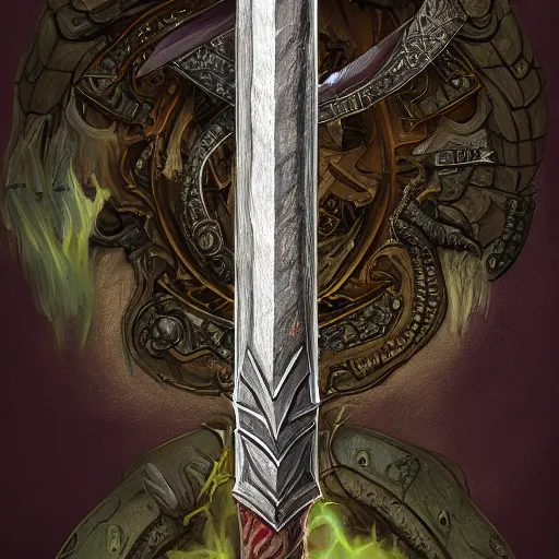 Prompt: a detailed painting of an enchanted sword, digital art, realistic painting, fantasy, dnd, concept art, very detailed, high definition, trending on artstation