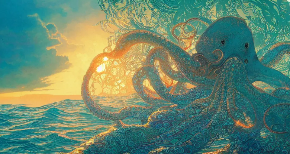 Prompt: insanely psychedelic ocean, intense waves, backlit octopus, sunset, refracted lighting, paisley pattern, elegant, 8 k resolution, intricate and fine details, digital painting, artstation, illustration, psychedelic ocean art, krenz cushart, alphonse mucha