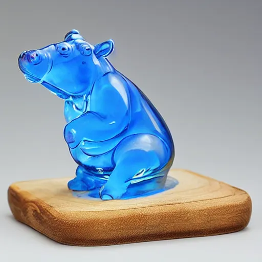 Image similar to a clear blue epoxy resin figurine of a hippo, it has carved wooden legs