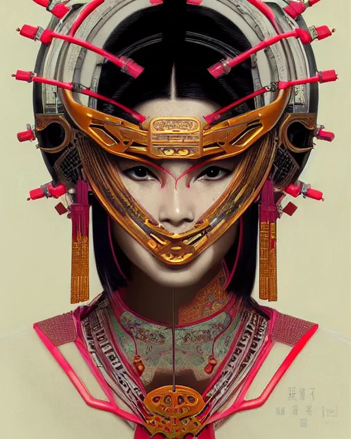 Image similar to portrait of a cyberpunk machine, machine face, upper half portrait, decorated with chinese opera motifs, asian, fine china, wuxia, traditional chinese art, intricate, elegant, highly detailed, symmetry, headpiece, digital painting, artstation concept art smooth sharp focus, illustration, art by artgerm and greg rutkowski alphonse mucha 8 k