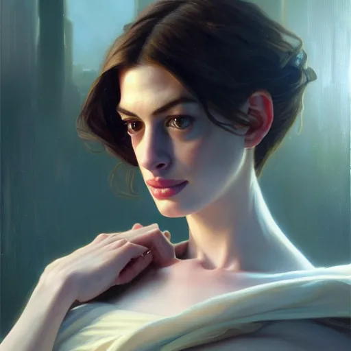 Image similar to a portrait painting of anne hathaway / rachel lane hybrid in the oil painting unreal 5 daz. rpg portrait, extremely detailed artgerm greg rutkowski alphonse mucha vladimir volegov