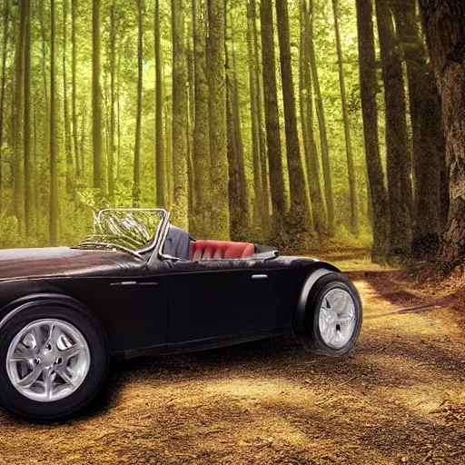 Prompt: a roadster covered by cat hair parking in the forest, warm light, front view, realistic, 4k, hd, highly detailed