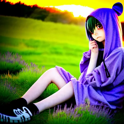 Prompt: A cute young real life 3D anime girl with long blueish lavender hair, wearing a black reaper hood with shorts, a bloody scythe is laying next to her foot, sitting with her knees up in a large grassy green field, shining golden hour, extremely cute anime girl face, she is happy, childlike, little kid, Haruhi Suzumiya, Umineko, Lucky Star, K-On, Kyoto Animation, she is smiling and happy, chibi style, extremely cute, she is smiling and excited, her tiny hands are on her thighs, she has a cute expressive face, long socks with little skull images on them
