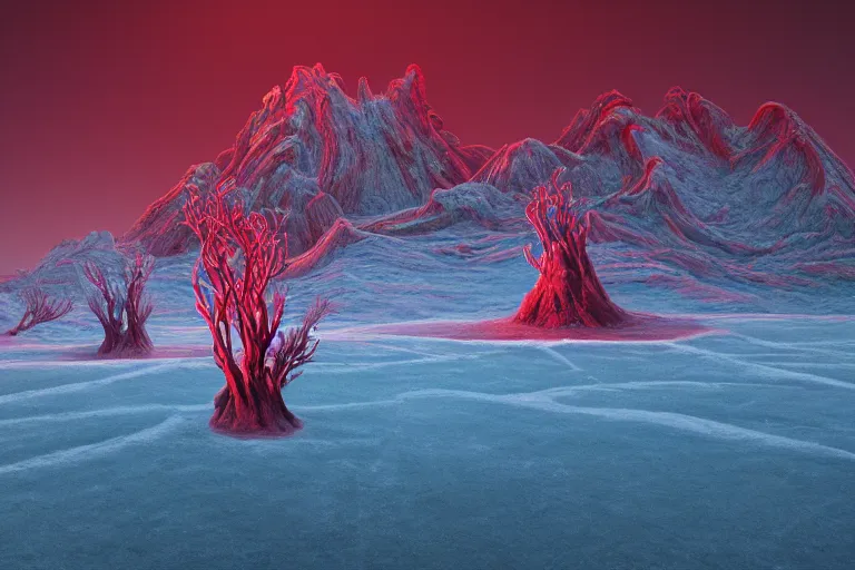 Prompt: a hd render of a surreal frozen landscape, cinematic lighting, by beeple and zdzisław beksinski, red color scheme
