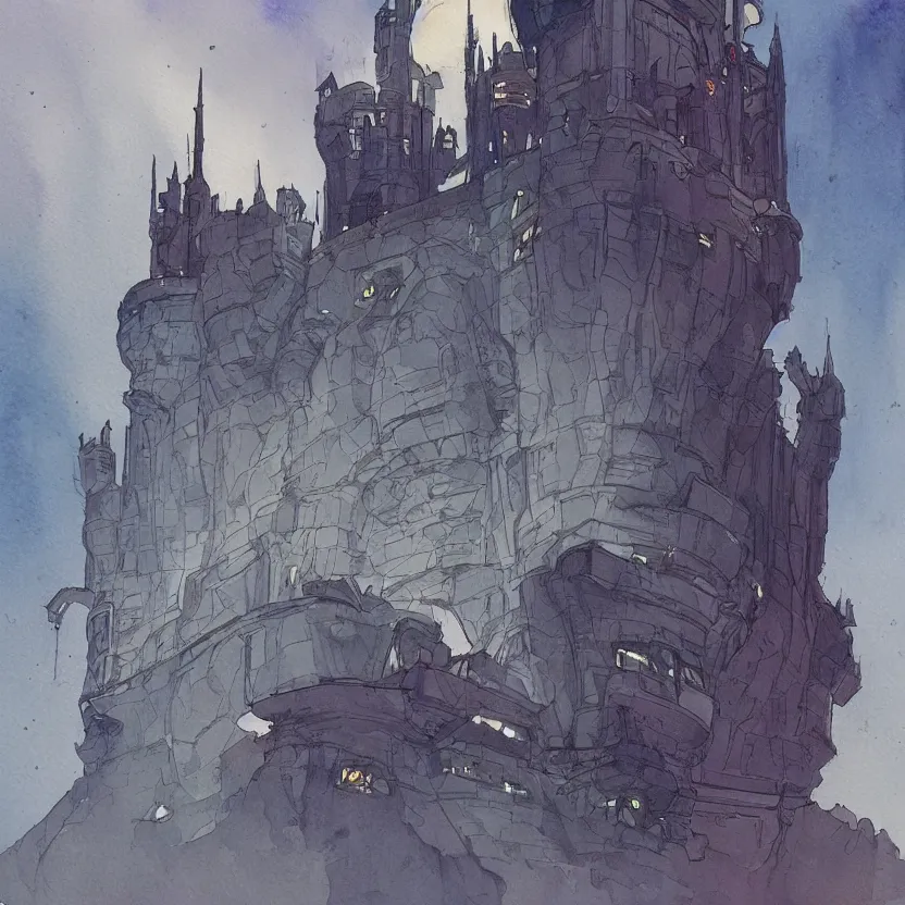 Image similar to a watercolor ink painting of a futuristic castle in the middle of a siege in the style of syd mead in the style of jean giraud trending on artstation deviantart pinterest detailed realistic hd 8 k high resolution