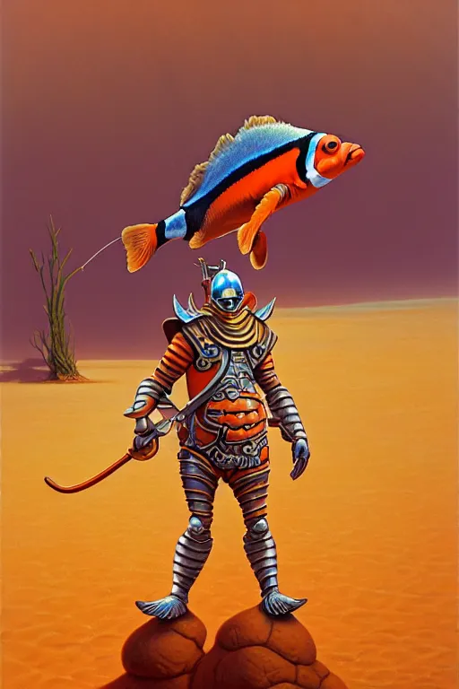 Prompt: classic oil painting, an anthropomorphic bipedal clownfish that is wearing steel armor, as a dnd character, standing in a sand desert, cottagecore, highly detailed, digital illustration, concept art, smooth, sharp focus, art by tim hildebrandt, and greg hildebrandt