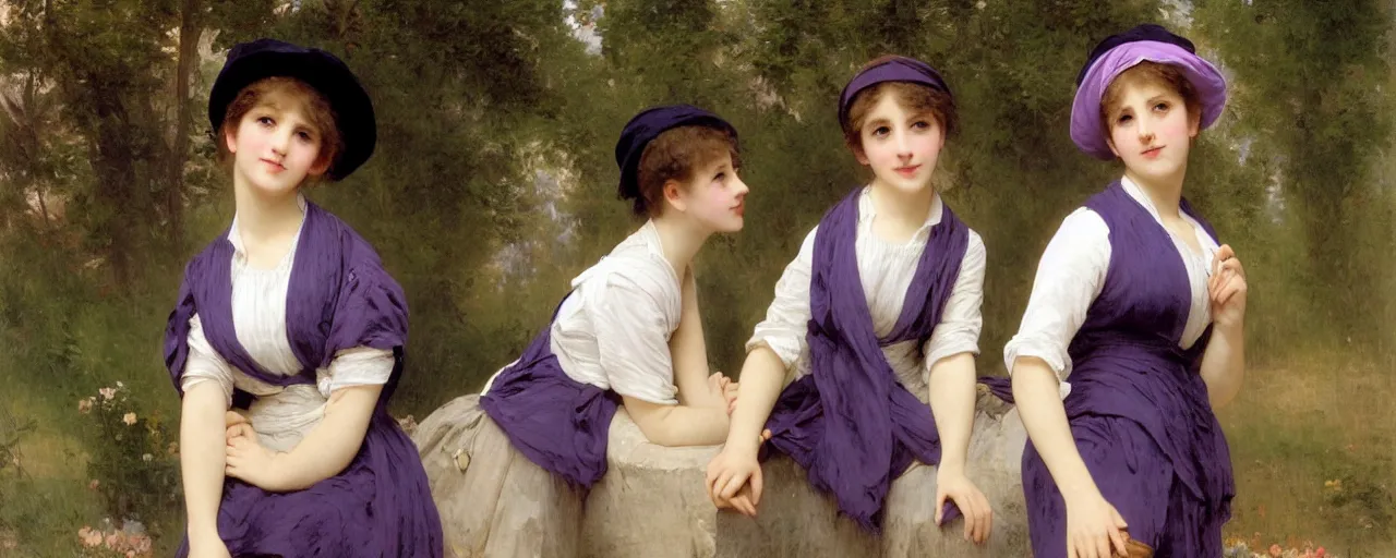 Image similar to A character sheet of many full body cute Emma Watsons with short hair wearing an oversized purple Beret, Purple overall shorts, Short Puffy pants made of silk, pointy jester shoes, a big billowy scarf, and white leggings. Rainbow accessories all over. Flowing fabric. Covered in stars. Short Hair. Art by william-adolphe bouguereau and Paul Delaroche and Alexandre Cabanel and Lawrence Alma-Tadema and WLOP and Artgerm. Fashion Photography. Decora Fashion. harajuku street fashion. Kawaii Design. Intricate, elegant, Highly Detailed. Smooth, Sharp Focus, Illustration Photo real. realistic. Hyper Realistic. Sunlit. Moonlight. Dreamlike. Surrounded by clouds. 4K. UHD. Denoise.