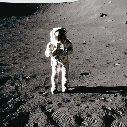 Prompt: a cowboy standing on the moon looks up at the earth above him, 5 0 mm, apollo program photos