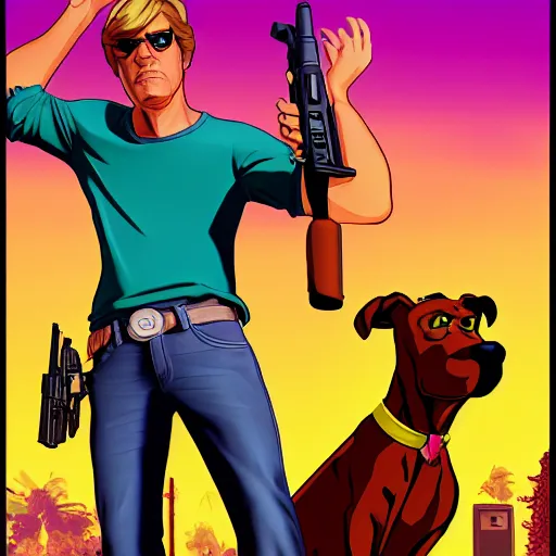Prompt: Scooby Doo holding a gun in GTA 5, cover art by stephen Bliss, no text, studio lighting, blender, trending on artstation, 8k, highly detailed